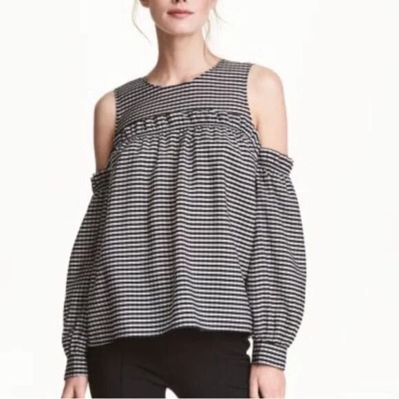 2/$20 H&M Black White Gingham Plaid Cold Shoulder Blouse - Picture 1 of 3